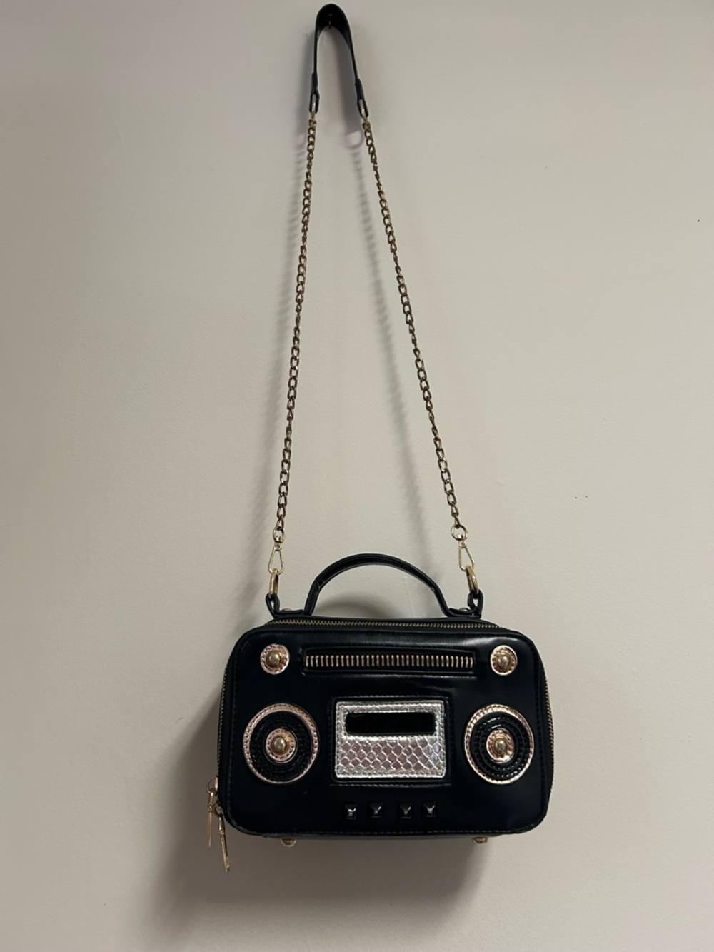 Black Crossbody Bag with Gold Accents and Novelty Radio Front